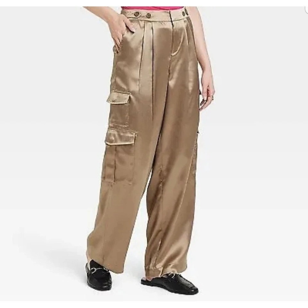A New Day High-Rise Satin Cargo Pants Brown 14 New With Tags